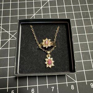 Necklace and ring set.  Synthetic ruby and glass rhinestone